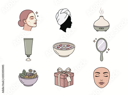 Elegant Collection of Feminine Wellness and Self-Care Icons for Beauty Routines and Relaxation. Spa and Skincare Essentials