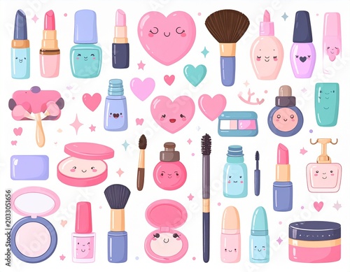 Cute Kawaii Makeup Cosmetics Vector Set with Lipstick, Mascara, Nail Polish and Beauty Accessories Isolated on White Background