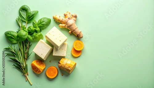 Fresh Ingredients with Herbs and Spices for Healthy Cooking on Green Background
