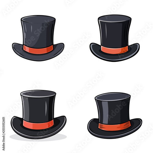 Collection of four black top hats with red ribbon detail for formal wear and magic shows