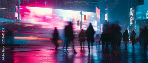 Night city street glows with neon lights
