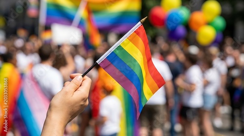 A hand holds a small rainbow flag at a Pride parade, with a crowd and balloons in the background.