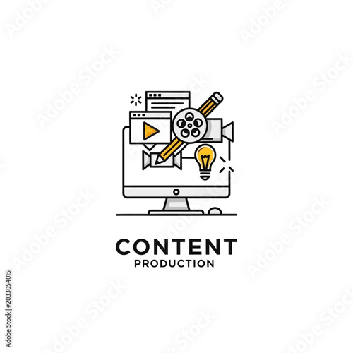 Content production icon with computer monitor and media tools