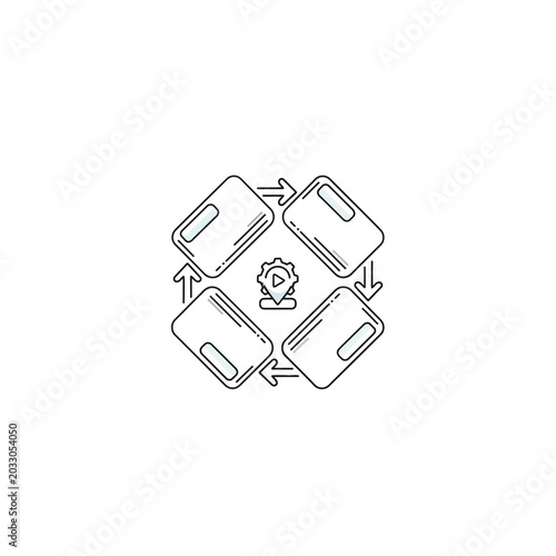 Continuous automated data processing cycle line icon with central gear