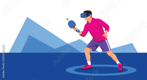 Active young man wearing a virtual reality headset while playing an immersive and fast-paced game of digital table tennis.
