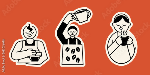 Foto Coffee making Process Illustrations Black And White Line Art Set