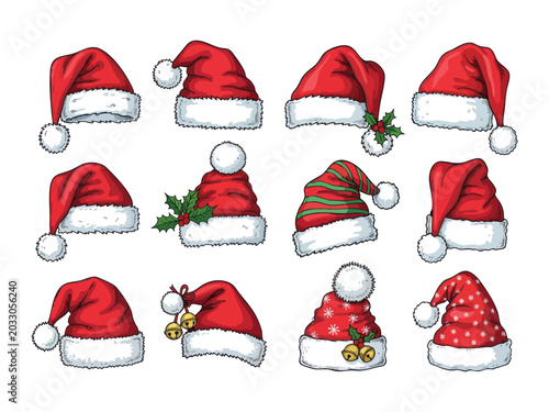Santa hat set. Hand drawn santa hats, holiday wearing vector illustration