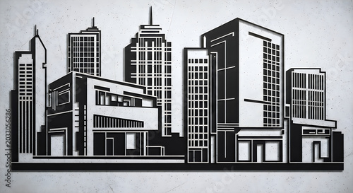 Modern city skyline silhouette illustration with various buildings and architectural styles on a light background.