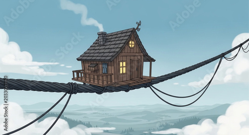 Small wooden house perched precariously on a rope bridge high above the clouds.