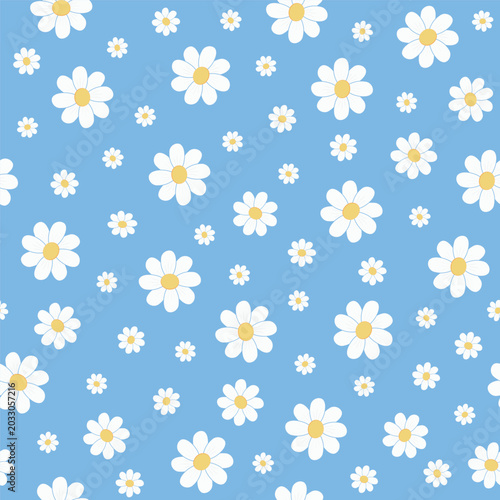 daisy seamless pattern white floral tossed repeat on blue background vector illustration flat design botanical textile wrapping paper tile wallpaper