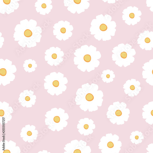 daisy seamless pattern white floral tossed repeat on pink background vector illustration flat design botanical textile wrapping paper tile wallpaper