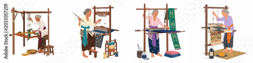 Foto Set of illustrations depicting elderly women in traditional attire weaving intricate fabrics on wooden handlooms, showcasing Southeast Asian heritage and craftsmanship