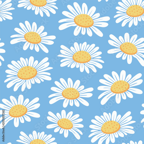 daisy seamless pattern white large blossom floral tossed repeat on blue background vector illustration flat design botanical textile wrapping paper tile wallpaper