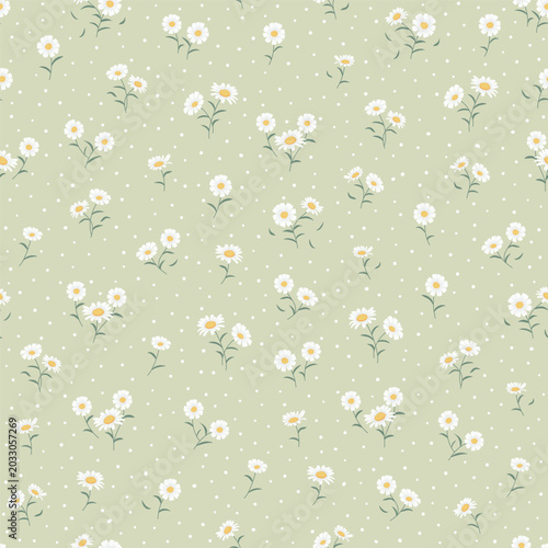 daisy seamless pattern ditsy white floral tossed repeat on green background vector illustration flat design botanical textile wrapping paper tile wallpaper