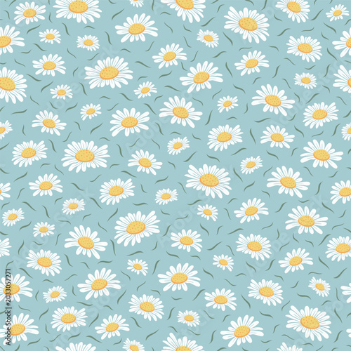 daisy seamless pattern ditsy white floral and leave tossed repeat on green background vector illustration flat design botanical textile wrapping paper tile wallpaper