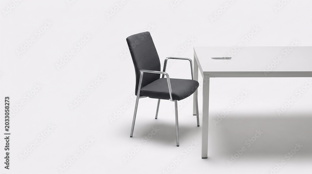 Obraz premium Minimalist Modern Office Setup with Charcoal Armchair, White Desk, and Pen on a Clean White Background - Professional Workspace Concept