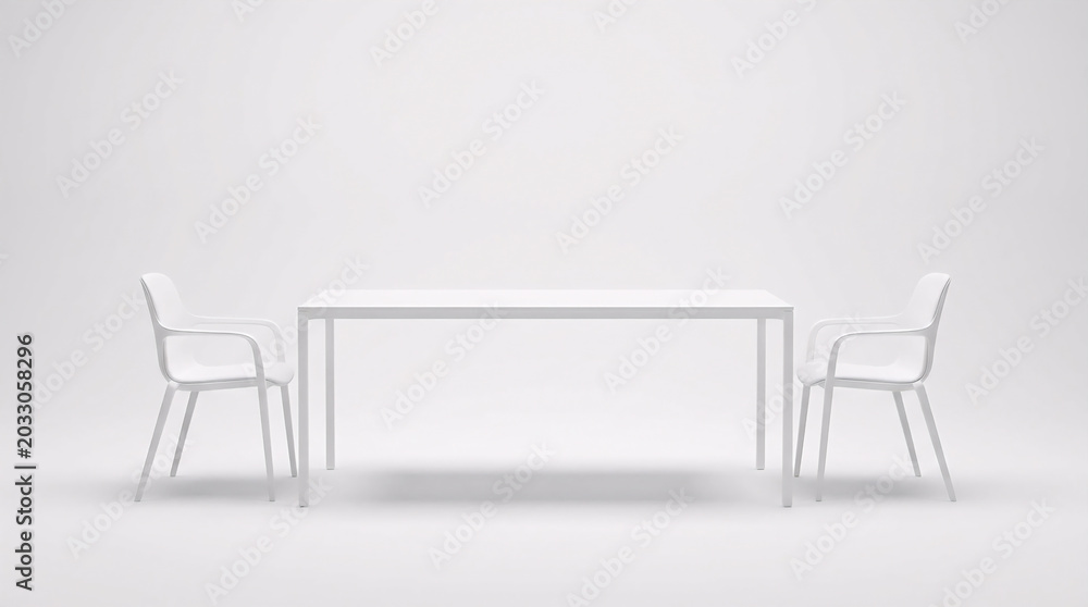 Fototapeta premium Minimalist White Meeting Table and Two Matching Modern Chairs in a Bright Clean Studio - Professional Office Furniture for Workspace Concepts