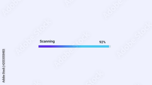 Animated scanning progress bar with percentage display and gradient loading indicator. Clean flat motion graphic for data scanning, system inspection, analysis processes, cybersecurity checks, and dig