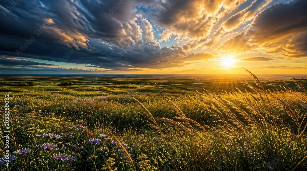 Obraz premium A wide angle perspective of a wildflower strewn meadow meeting a golden horizon, captured in stunning detail with vibrant sunset light across the rolling hills and cinematic landscape vista.