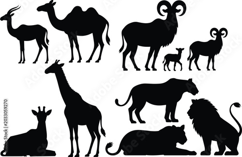 Photography African Safari Animal Silhouette Set Featuring Lion Giraffe Camel Ram and Antelo