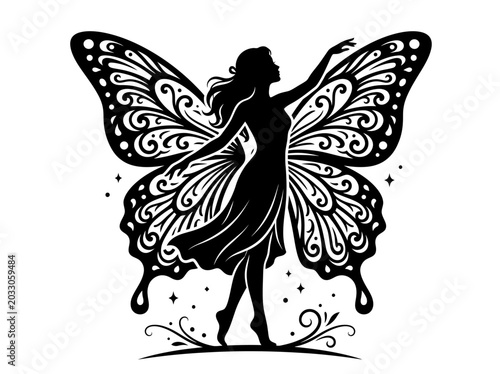 Canvas Print Black silhouette of a fairy with intricate butterfly wings.