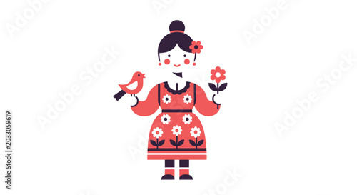 Obraz na plátně Folk Art Girl with Bird and Flower, Scandinavian Folk Style