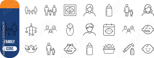 Baby and family care line icons. baby icon set, family icon set, bottle icon set