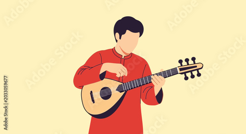 Fotografía Man Playing Traditional String Instrument, Flat Design Illustration