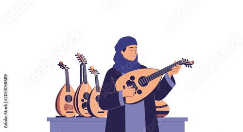 Photos Musician Playing Oud Instrument, Traditional Middle Eastern Music Performance