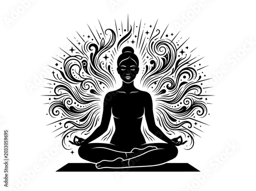 Photos Black silhouette of a person meditating in lotus pose with ethereal energy aura