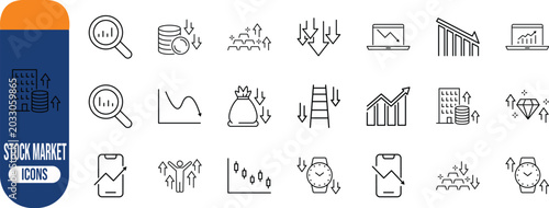 Economy stock market trend analysis. laptop icon set, coins icon set, phone icon set