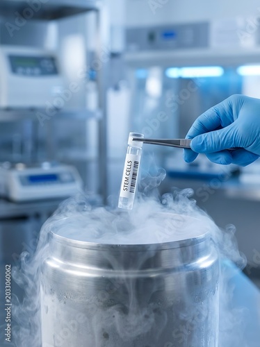 A gloved hand holds a vial labeled STEM CELLS over a container of steaming liquid nitrogen in a laboratory setting. This image depicts a process of scientific research and preservation