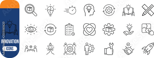 Business innovation project management line icons. lightbulb icon set, rocket icon set, gear icon set