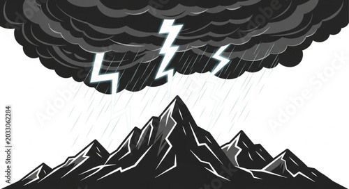 Foto Stormy Mountains with Lightning and Rain Illustration.