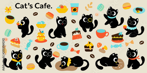 Foto Black cat and cafe themed objects vector illustration with a beige background