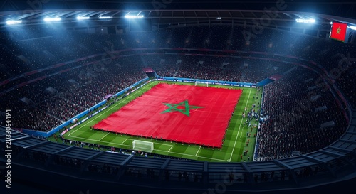 Moroccan flag covering football pitch in stadium