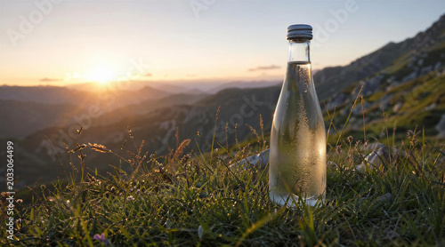 Glass Water Bottle On Dewy Grass At Sunrise In Mountain Meadow Nature Hydration And Outdoor Serenity