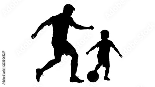 Silhouette of man and child playing soccer, black football player and kid kicking ball, sports vector illustration