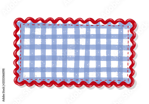 Blue gingham fabric rectangle with red rickrack border and copy space for text