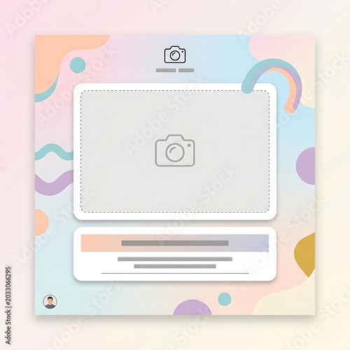Colorful social media template with playful organic shapes and central camera icon frame.