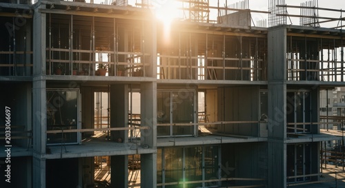 Unfinished modern apartment building construction site at sunset