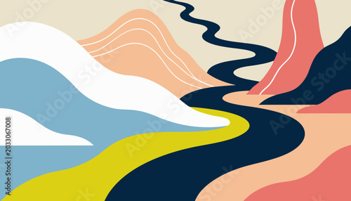 Abstract River and Hills Landscape Contemporary Vector Illustration