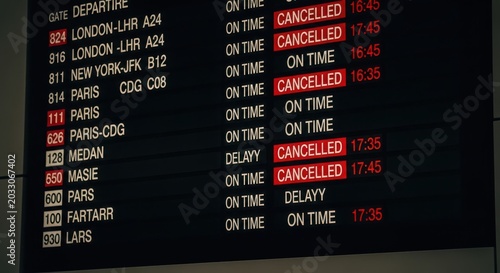 Airport flight information board with cancelled and delayed flights