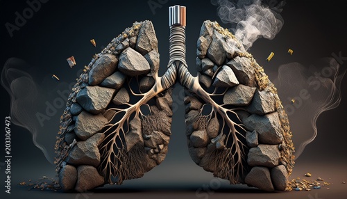 a conceptual image of a lung made of stone shattering from smoking
