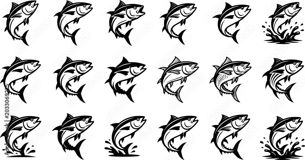 Fototapeta premium Dynamic Tuna Fish Logo Icon Set Featuring Jumping Ocean Fish, Fishing Emblem, Seafood Branding, Marine Wildlife, Sport Fishing, and Bold Black Vector Illustration