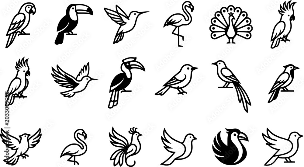 Fototapeta premium Tropical Exotic Bird Line Icon Set Featuring Parrot, Toucan, Hummingbird, Flamingo, Peacock, Cockatoo, Hornbill, and Decorative Avian Vector Designs