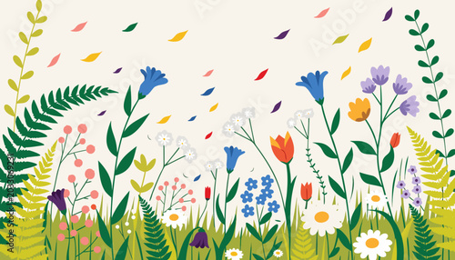 Colorful Spring Wildflower Garden Minimal Flat Vector Illustration