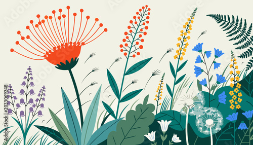 Colorful Wild Meadow Flowers Botanical Flat Vector Illustration