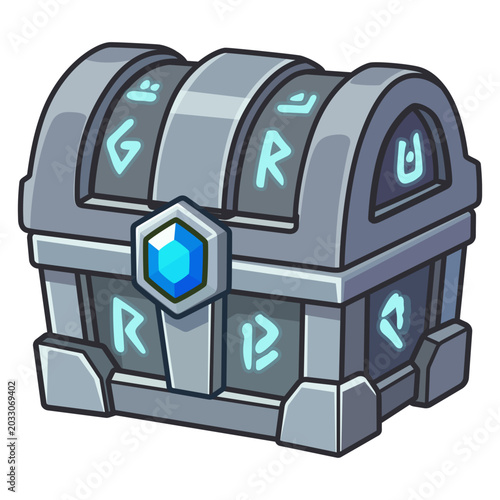 Closed ancient stone chest with glowing magic runes and blue sapphire gem cartoon vector illustration isolated on white background