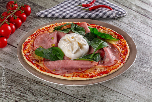 Pizza with mortadella and burrata